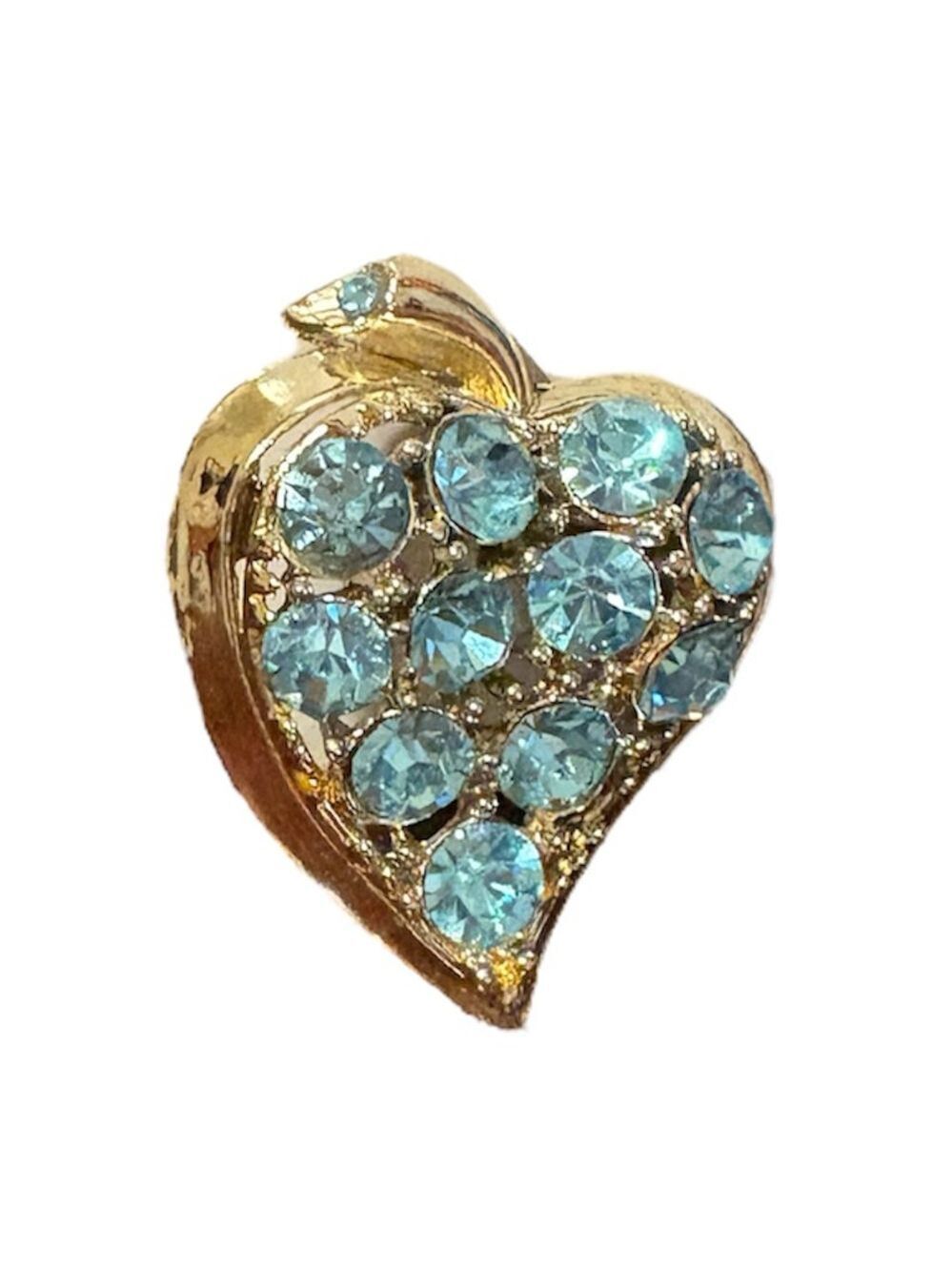 Vintage gem heart brooch gold tone with blue crystals womens antique jewel tones